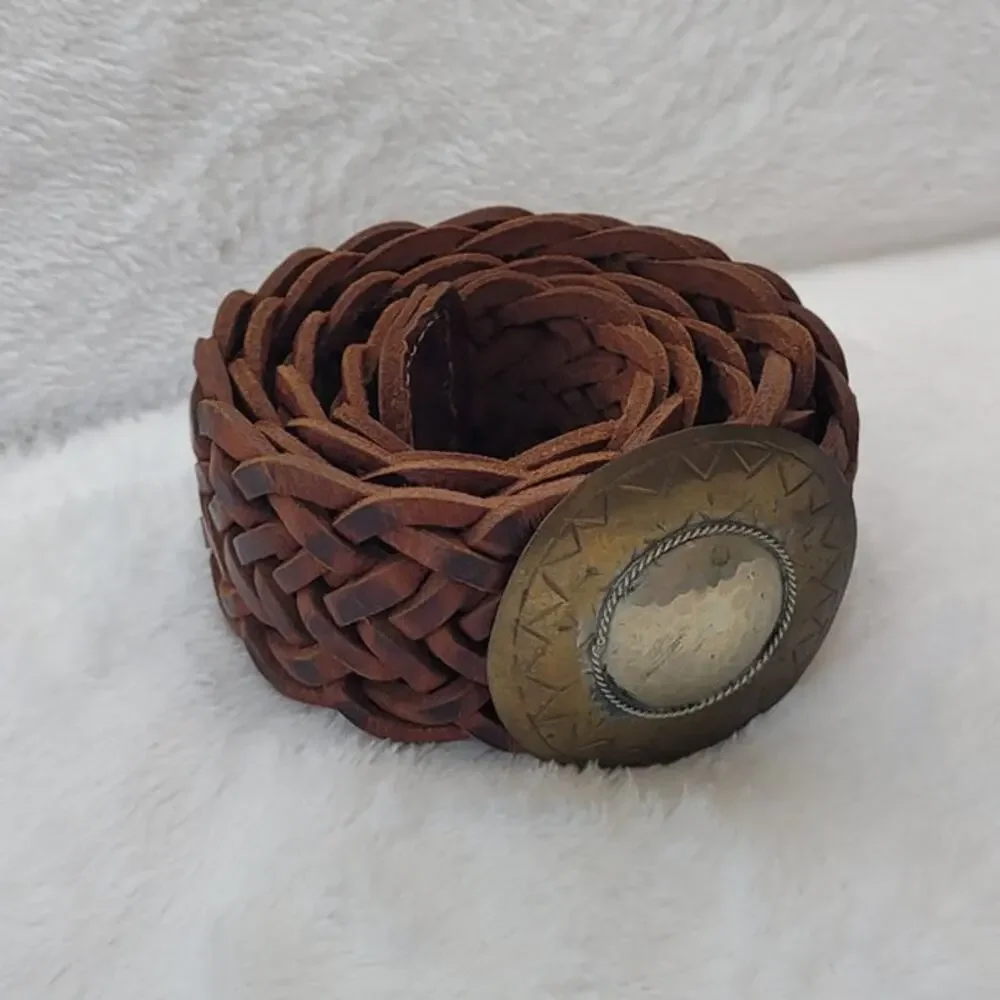 VTG Moroccan Braided Leather Belt Brass Medallion Boho 41